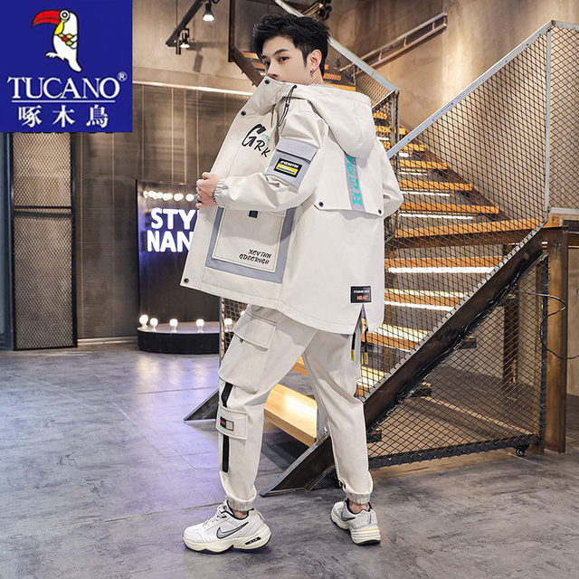 Woodpecker work jacket men's autumn and winter trendy set with handsome casual sports suit men's jacket