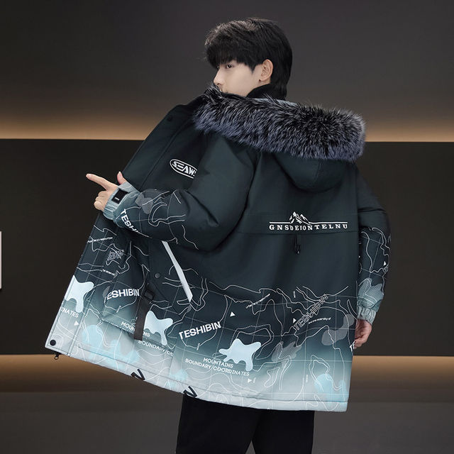 Woodpecker Gradient Color Printed Jacket Men's Winter Velvet Thickened Jacket Overcome Teenagers Mid-Length Cotton Coat