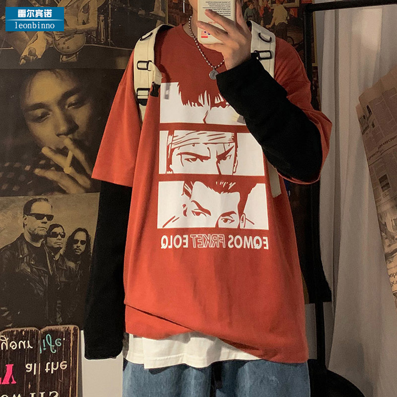 Fake two long sleeves T-shirt male Korean version Trend Ins cartoon lovers slapped bottom jersey with large size and loose spring and autumn jacket