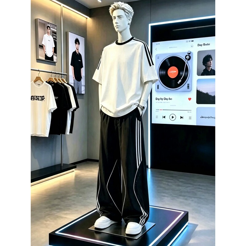 Teenage Men's Stylish Student Fashion Set, Men's Summer Casual Sports Long Pants and Short-Sleeve Outfit Set