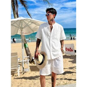 White Linen-Like Shirt Set for Men, Summer Old Money Style Short-Sleeved Shorts, Island Vacation Outfit, Complete Set