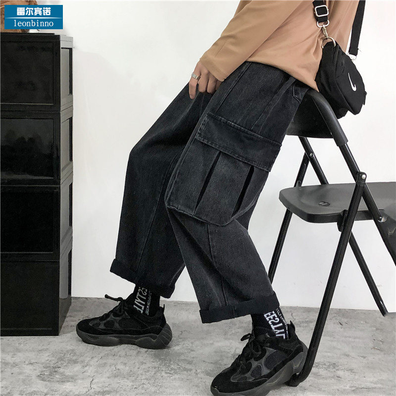 ins Japanese large pocket wide-leg tooling jeans men's tide brand large size loose straight casual pants Korean version of the tide