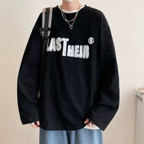 Белый осенний хлопковый трендовый приятный телу лонгслив для отдыха, в американском стиле, оверсайз