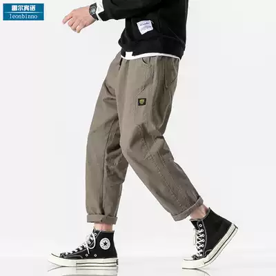 Japanese splicing car label overalls men's fashion brand pants Korean version of the trend big straight pants loose fat casual pants