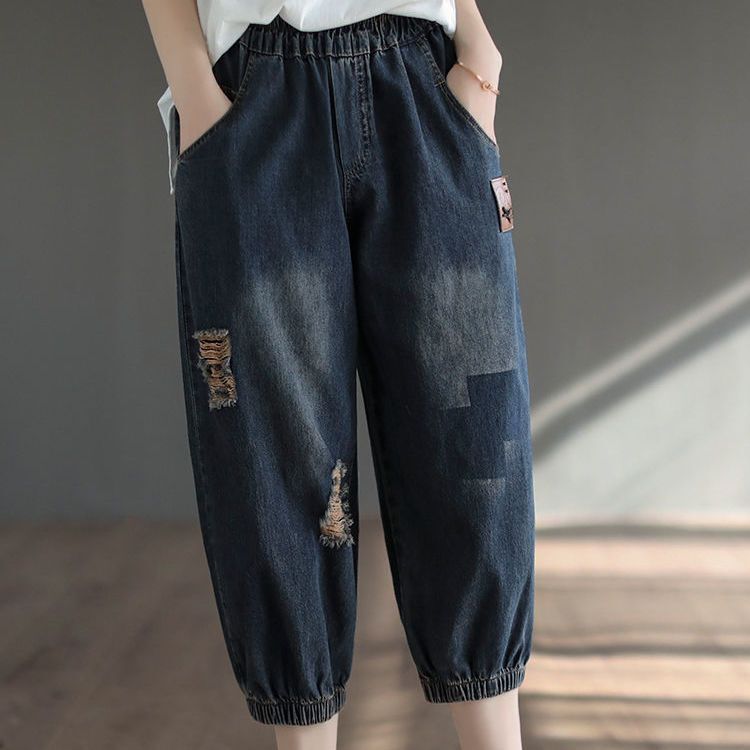 New Summer Jeans for Women, Loose and Versatile, Ethnic Trendy Style, Slimming Elastic Waist Harem Pants, Mom-Style Cropped Pants