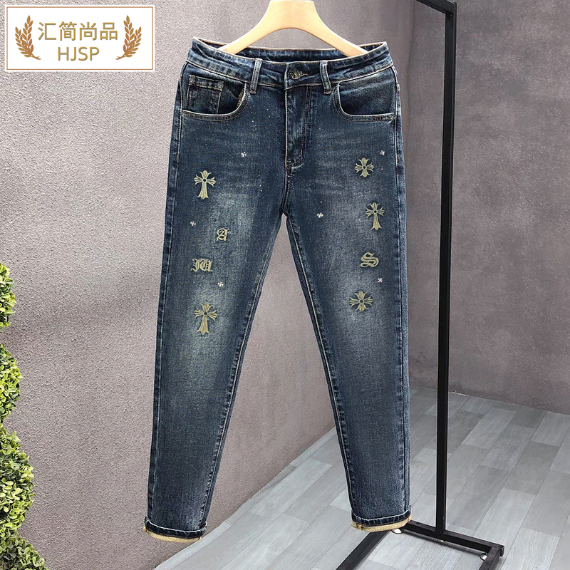 European Style Men's Spring and Autumn Trendy Embroidered Rhinestone Jeans, Fashionable Versatile Slim Fit Stretch Skinny Pants