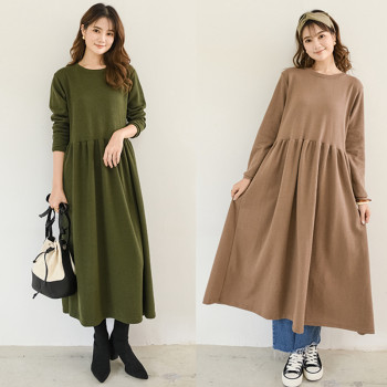 Long-sleeved long skirt, loose korean style cotton solid color slimming