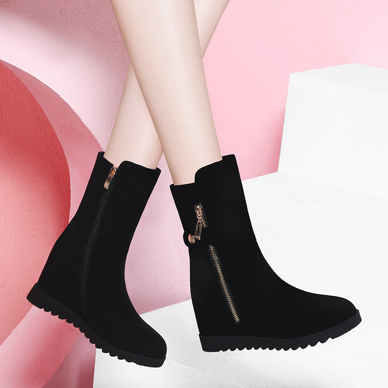 短靴女2019秋冬季加绒中筒靴女鞋平底坡跟百搭雪地靴高筒靴女靴子