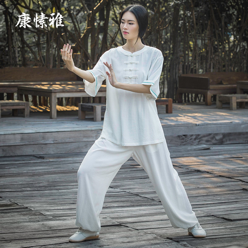 Kang su ya martial arts training clothing cotton linen taijiquan female spring and summer clothing practice Chinese wind sleeve meditation clothing white