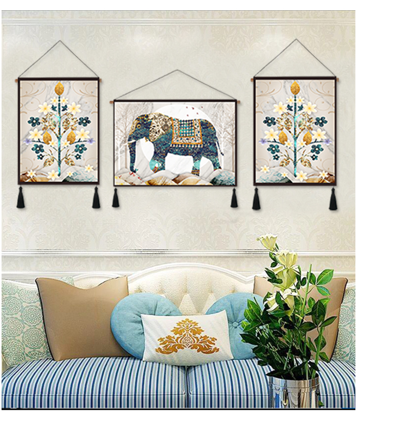 phòng khách Mỹ bức tranh sơn trang trí ba lối vào tấm thảm sofa bối cảnh vẽ bức tranh voi Pachira bầu không khí - Tapestry thảm treo tường vintage