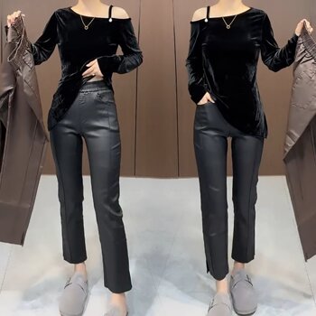 Thin velvet pu solid color cigarette pipe leather pants coated leather pants for women Thin velvet pu solid color cigarette pipe leather pants coated leather pants for women
