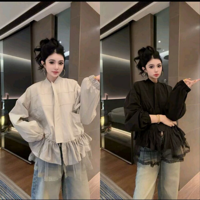 European-Style Spring and Summer New Fashion Personalized Lace Mesh Trim Spliced Hem Stand Collar Zipper Long-Sleeve Jacket Top European-Style Spring and Summer New Fashion Personalized Lace Mesh Trim Spliced Hem Stand Collar Zipper Long-Sleeve Jacket Top