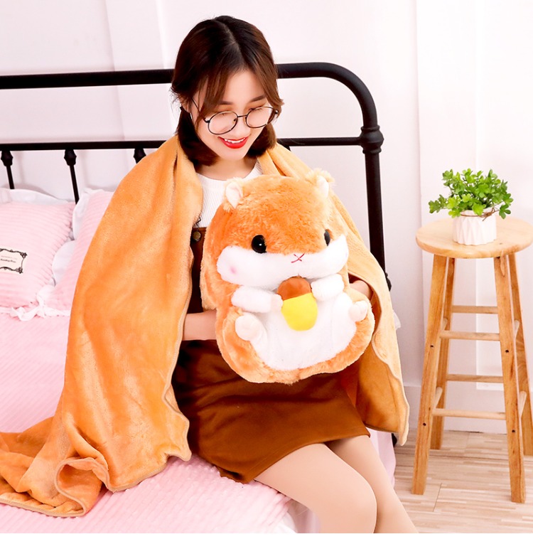 Winter Hamster Gối Chăn Sử dụng kép Nữ Nap Gối nhỏ Xe Mùa đông Ấm tay San Hô Lông cừu Chăn Ba trong một gối tựa lưng văn phòng cao su non