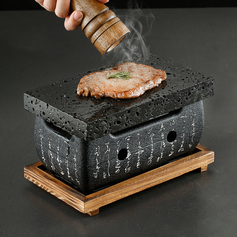 High-Temperature Resistant Volcanic Stone Barbecue Grill Japanese-Style Text Charcoal Grill Barbecue Plate Restaurant Steak Frying Plate Stone Plate Barbecue Plate