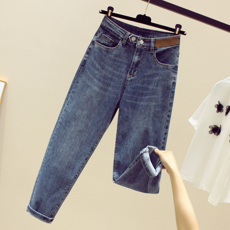 South Korea's new high-waist jeans female winter thickened loose straight tube Harlen radish nine-point thin daddy pants