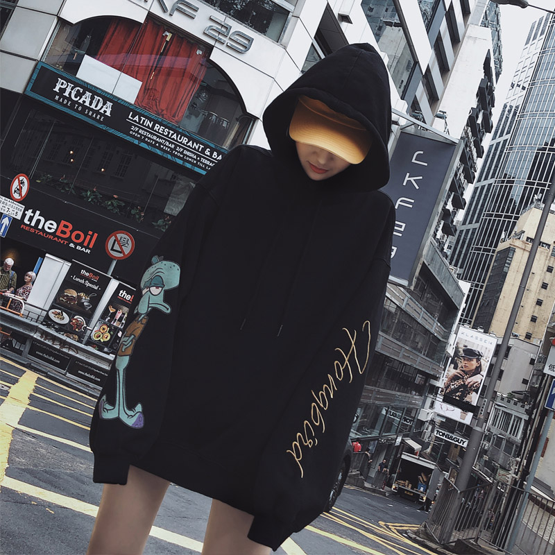 Korean black hooded sweatshirt women's 2020 new autumn and winter plus velvet thickening lazy wind bf Harajuku wind jacket tide