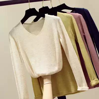 Korean V-neck Ice Silk long sleeve knitwear women's autumn clothing 2020 New loose solid color interior pullover bottoming top