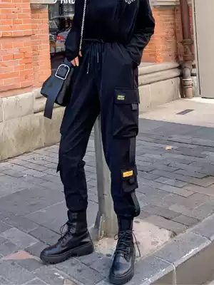 Korean overalls women slim high waist autumn and winter plus velvet thickened black pants bf straight sports toe casual pants