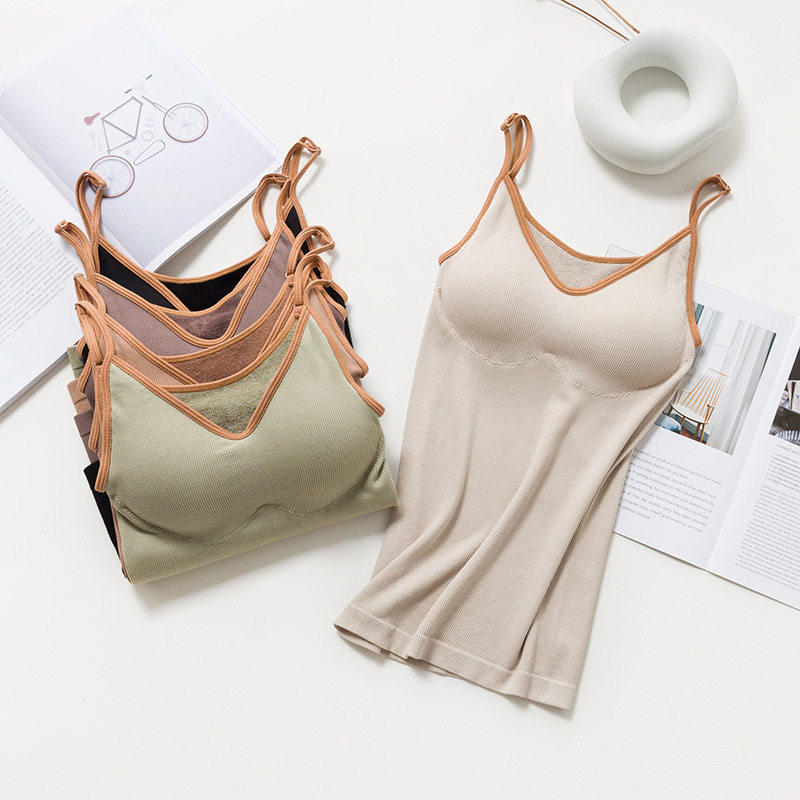 V-neck thermal vest women with chest pads without wearing bra terry towel all-in-one fleece sling women's underwear autumn clothes thick