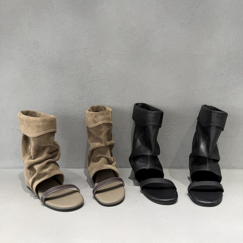 European Genuine Leather Women's Boots 2026 Summer New European Style Wedge Open-Toe Slip-On Mid-Calf Boots Trendy Sandals