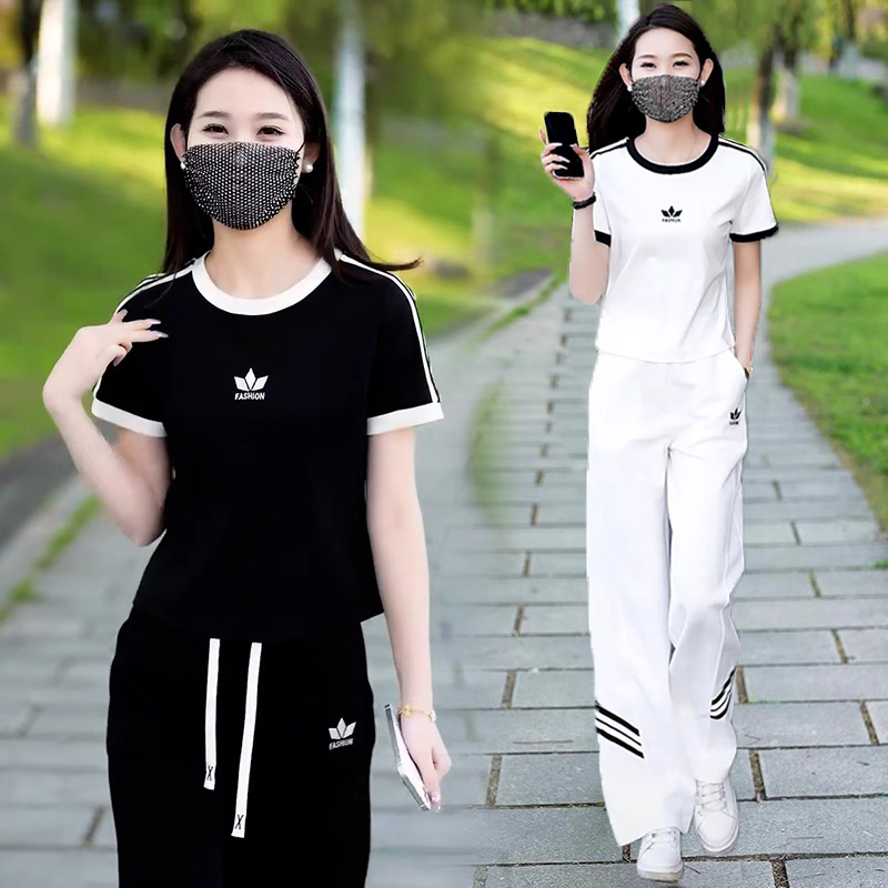 Casual Sports Suit for Women 2026 Summer New Style Clover Round Neck Short-Sleeved T-Shirt Wide-Leg Pants Running Two-Piece Set Casual Sports Suit for Women 2026 Summer New Style Clover Round Neck Short-Sleeved T-Shirt Wide-Leg Pants Running Two-Piece Set