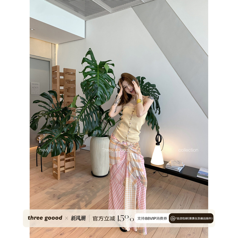Three Goood Yin Sanji Relaxed Twist Plaid Skirt Chiffon Printed Slimming Vacation Pencil Skirt