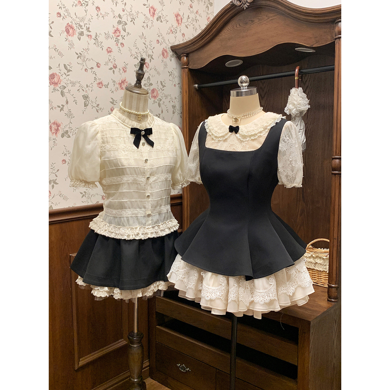 Fatfatbaby Elegant Daughter/Slightly Chubby Heavy-Duty French Lace Patchwork Bow Top Black with Puffy Skirt