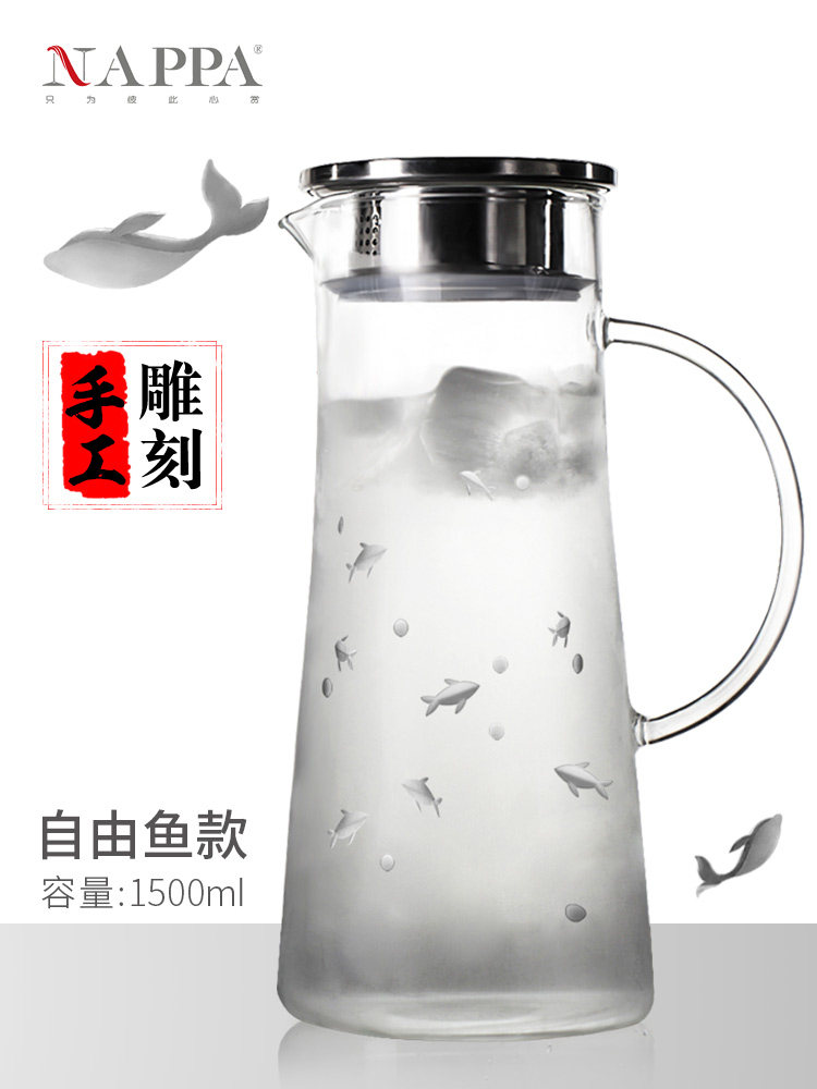 NAPPA European style household glass kettle Hand carved flower cold water kettle Cold water kettle Heat-resistant glass juice lemon kettle