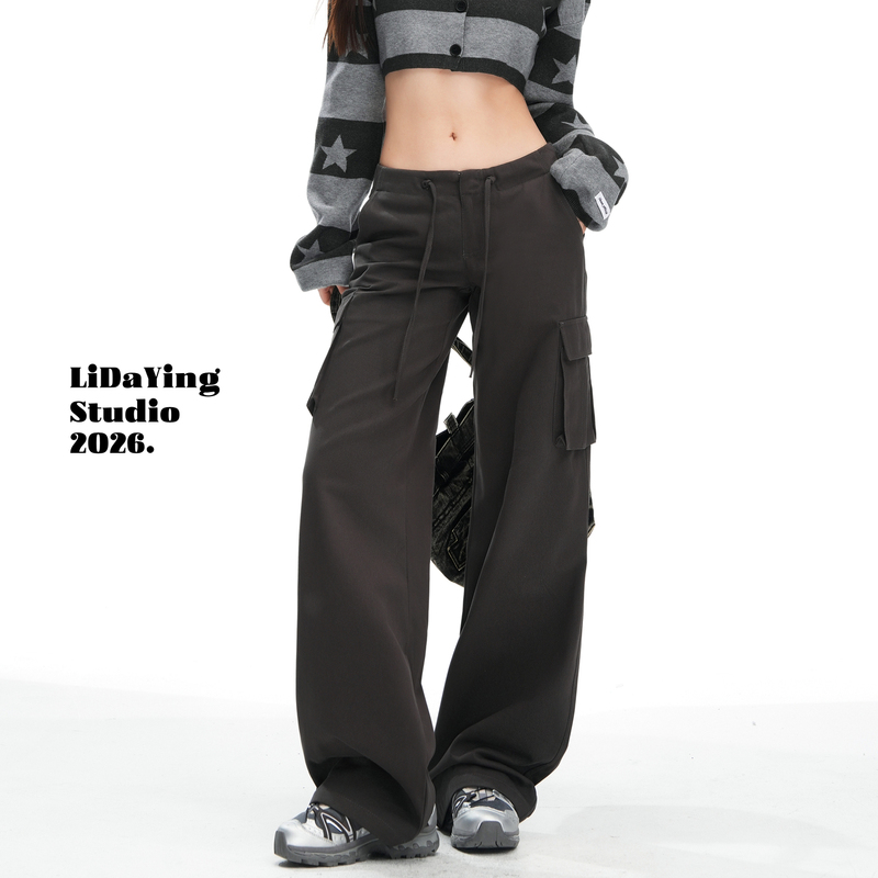 Li Daying｜Gray Drawstring Low-Waist Wide-Leg Casual Pants for Women, American-Style Pockets, Loose Straight-Leg Slimming Work Pants