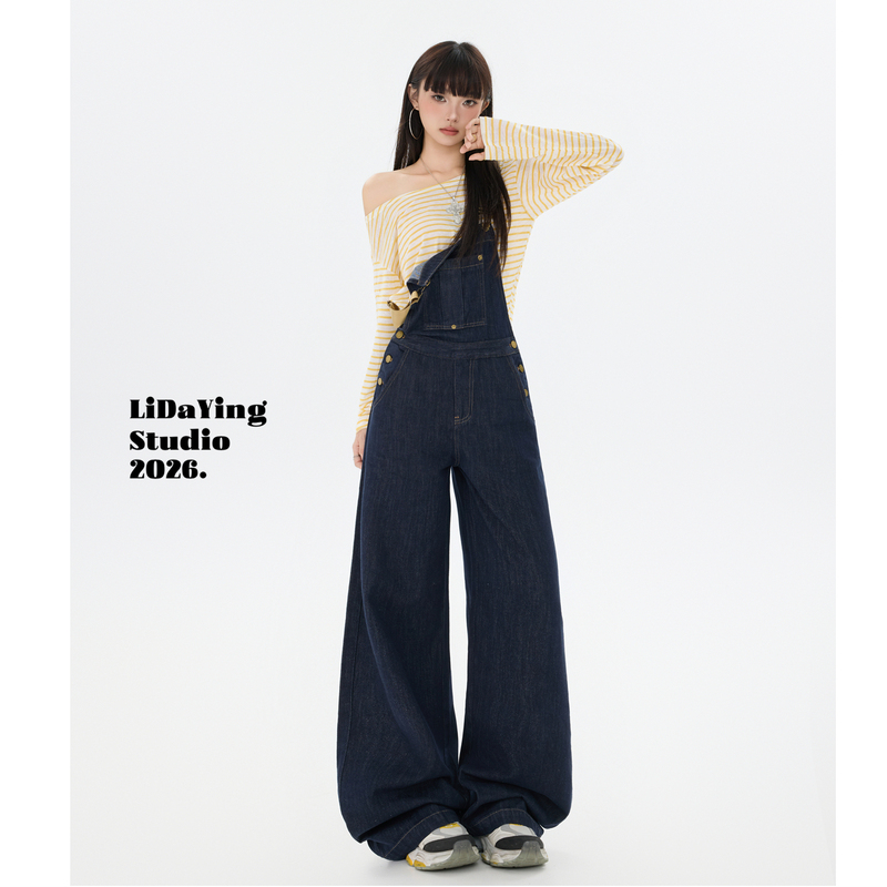 Li Daying｜Dark Blue Overalls Women's American Retro Loose Slimming Age-Reducing Wide-Leg Workwear Jumpsuit