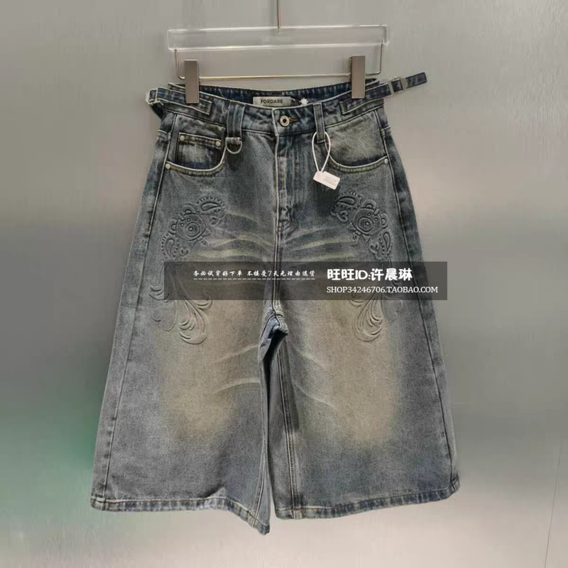 Fordare 26 Spring and Summer New Style Unicorn Bear Embossed Retro Denim Mid-Length Pants 2620N13325
