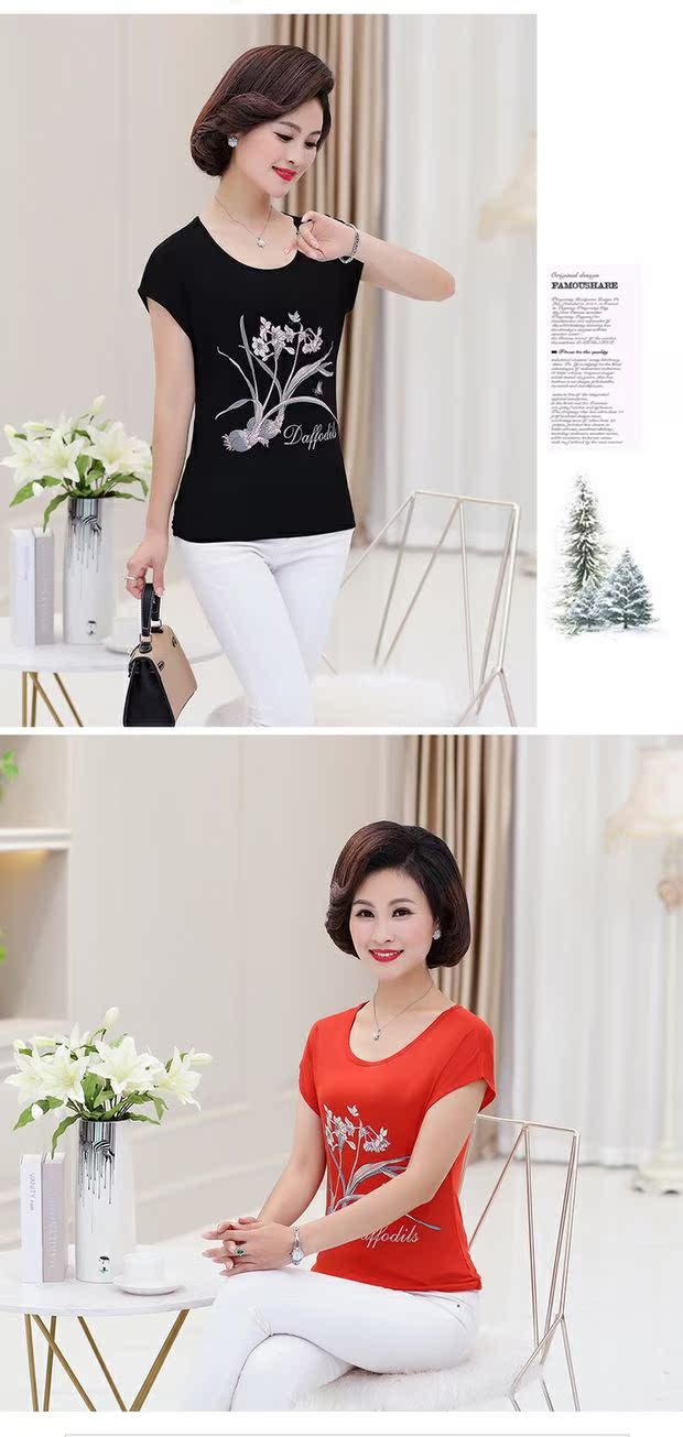 Mùa hè mới của phụ nữ trung niên mẹ mặc áo thun ngắn tay cộng với phân bón XL chạm đáy áo sơ mi cotton modal mẫu váy cho người trung tuổi