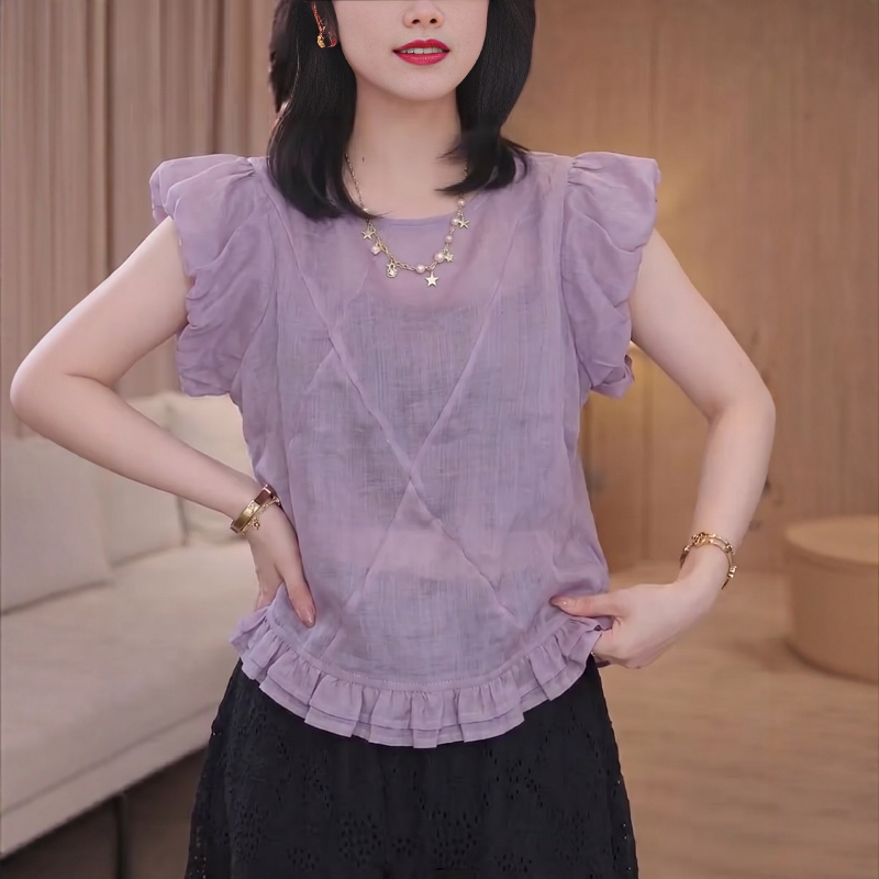 2026 Summer Unique and Beautiful Purple Ruffled Ramie Shirt for Women, High-End Elegant Slimming Lace Puff Sleeve Blouse 2026 Summer Unique and Beautiful Purple Ruffled Ramie Shirt for Women, High-End Elegant Slimming Lace Puff Sleeve Blouse