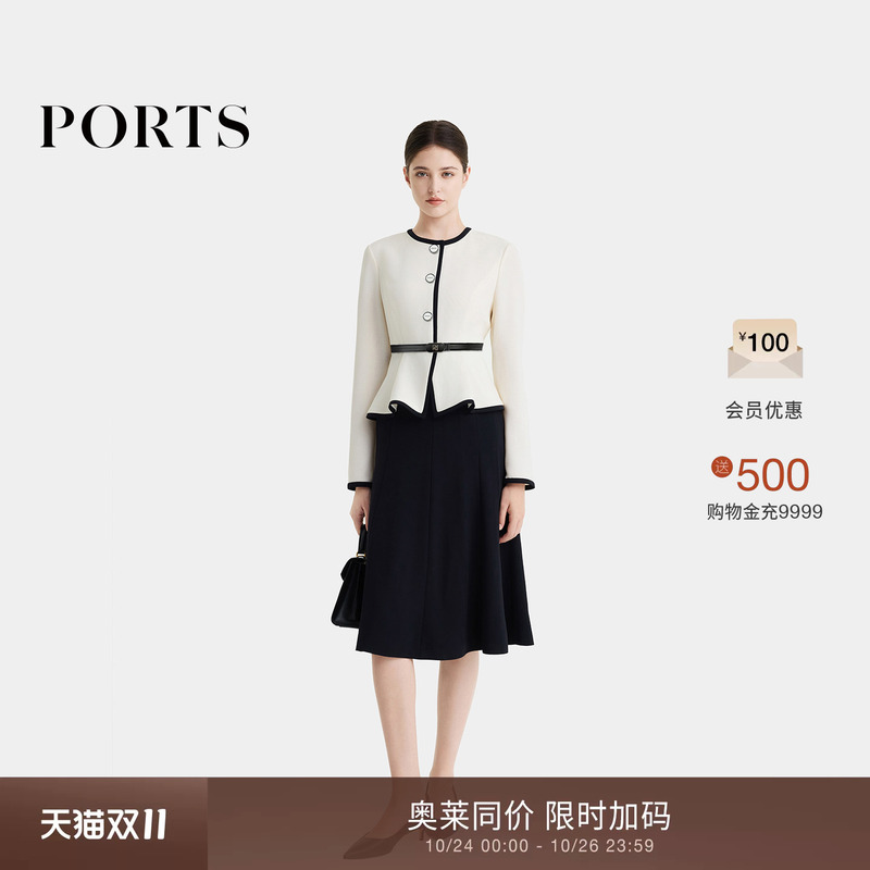 【12 Installments with No Interest】Ports Women's Autumn Elegant Commuter Dress with a Fake Two-Piece Design and Waist-Cinching Feature