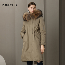 PORTS Baozi womens simple fur collar waist down jacket leather wool coat coat Parker