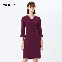 PORTS Po 3 vinegar dress Lady fold elegant intellectual dress simple slim fit OL commute