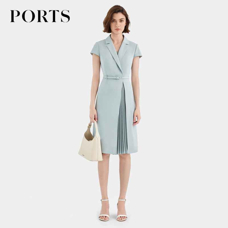 Ports Women's Dress Is Simple and Elegant with a Suit Collar and Pleated Short-Sleeved Dress