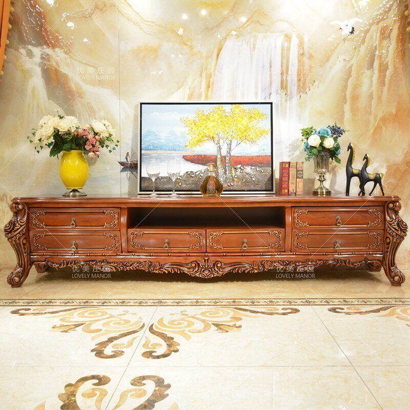 European-style wooden TV cabinet 2 4 meters living room dark solid wood TV cabinet American-style carved storage cabinet combination