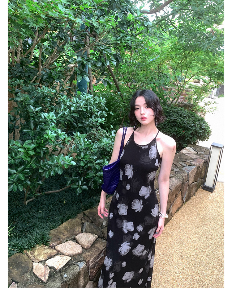KELIFAN Floral Print Halter Maxi Dress