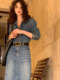 Wine afternoon Hong Kong style retro spring lazy style high-waist slim denim dress long-sleeved shirt mid-length skirt for women