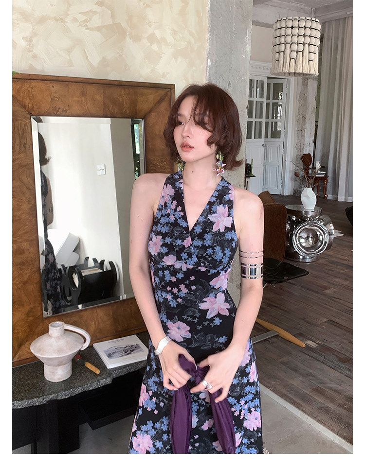 KELIFAN Blue Snowflake Halter Dress
