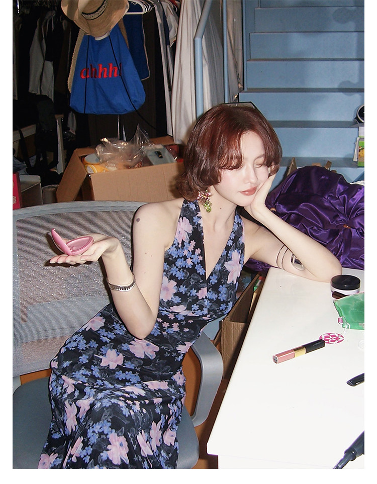 KELIFAN Blue Snowflake Halter Dress
