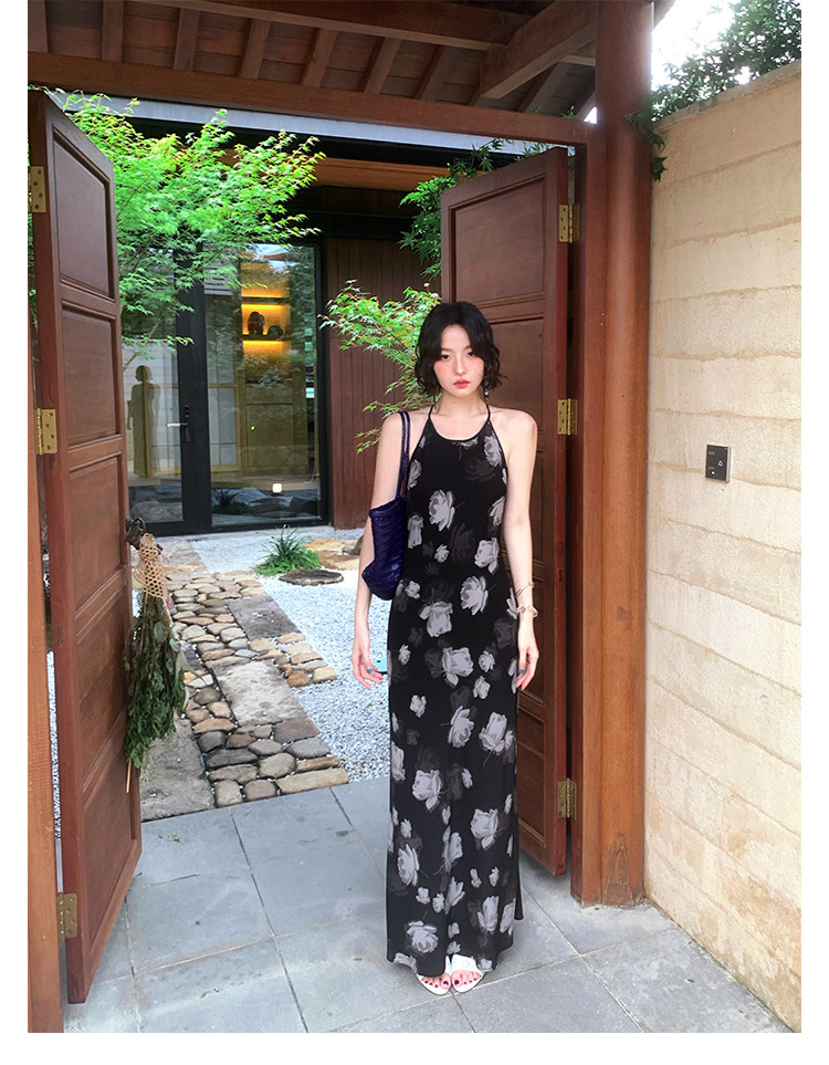 KELIFAN Floral Print Halter Maxi Dress
