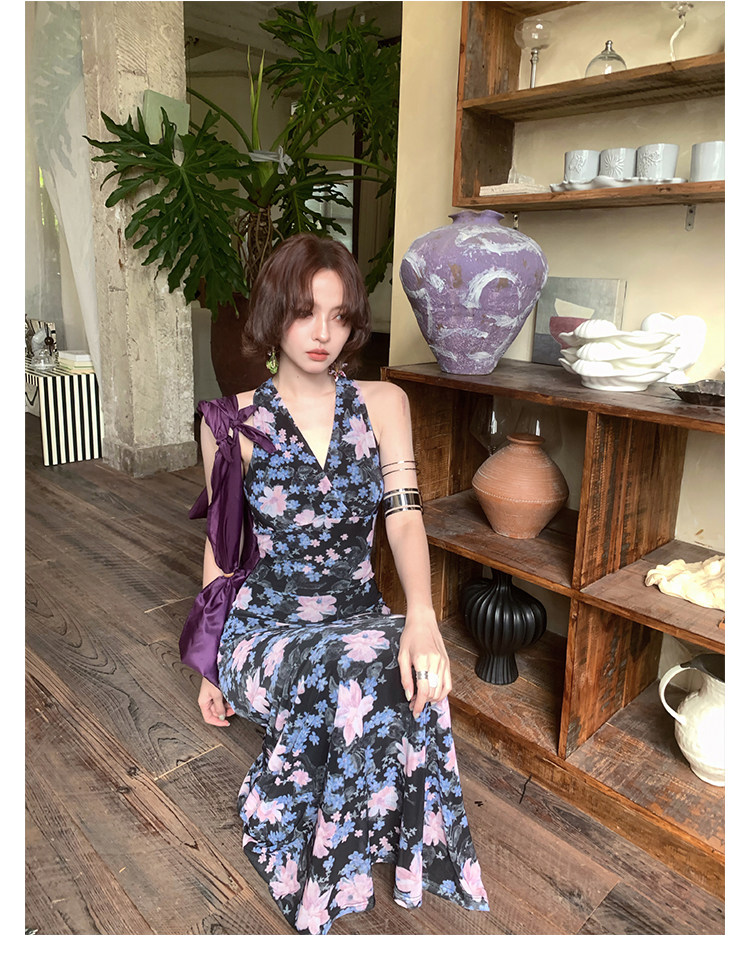 KELIFAN Blue Snowflake Halter Dress