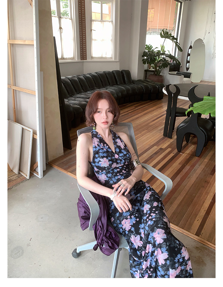 KELIFAN Blue Snowflake Halter Dress