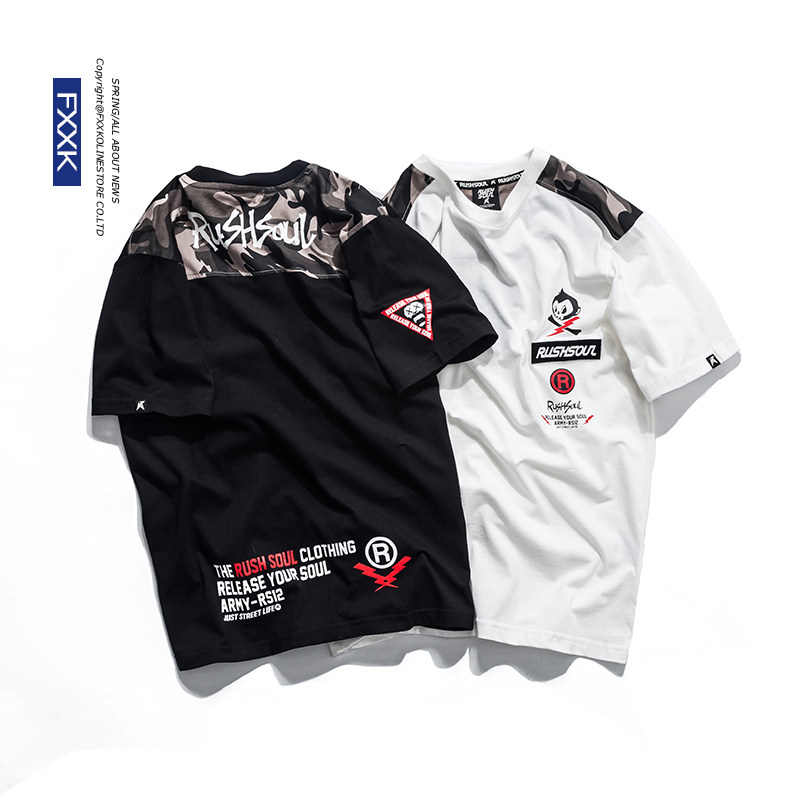 欧美潮牌嘻哈街头印花体恤拼色迷彩短tee男纯棉短袖T恤半袖军事风