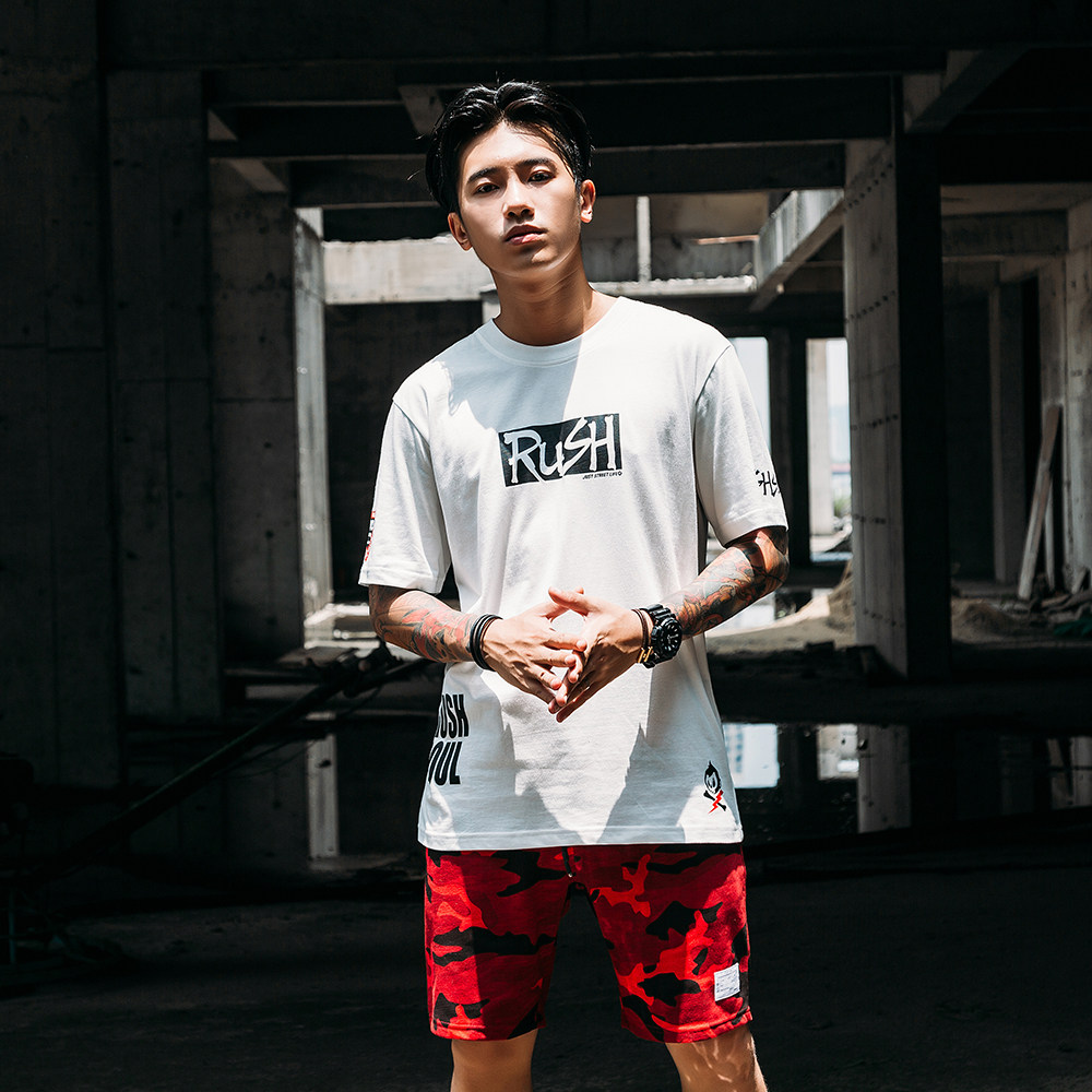 欧美街头潮流青少年T恤男 日系印花复古潮牌圆领短袖男半袖军事风