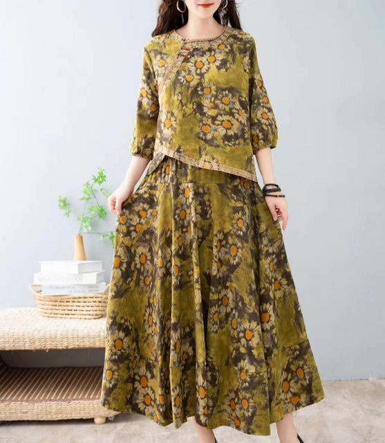 Ethnic style printed V-neck skirt two-piece set