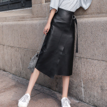 High waist fashion bag hip slit leather leather skirt Womens irregular belt Sheepskin side open mid-length skirt