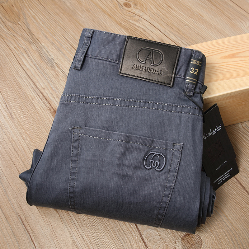 Ice Silk Imported Lyocell Gray-Blue Textured Jeans, Summer Thin Style, Simple Elastic Straight-Leg Business Casual Pants